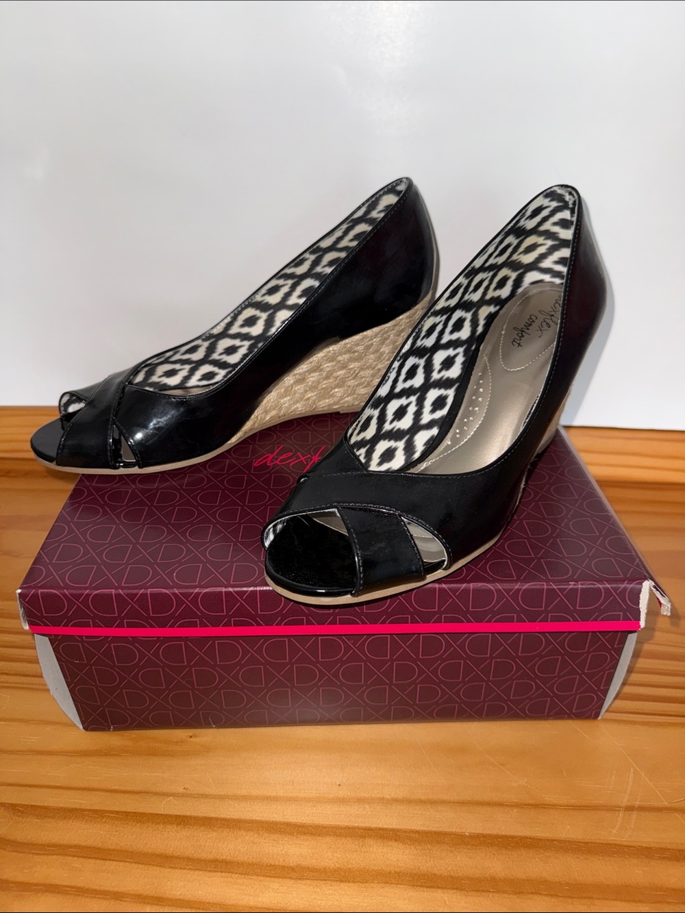 Dexflex Comfort Black Peep-Toe Wedge Pumps - Women Size 9